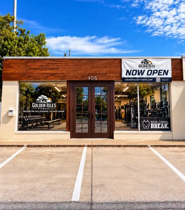 Golden Isles Fitness gym entrance at 406 Union Street on St. Simons Island, Georgia, with Now Open sign